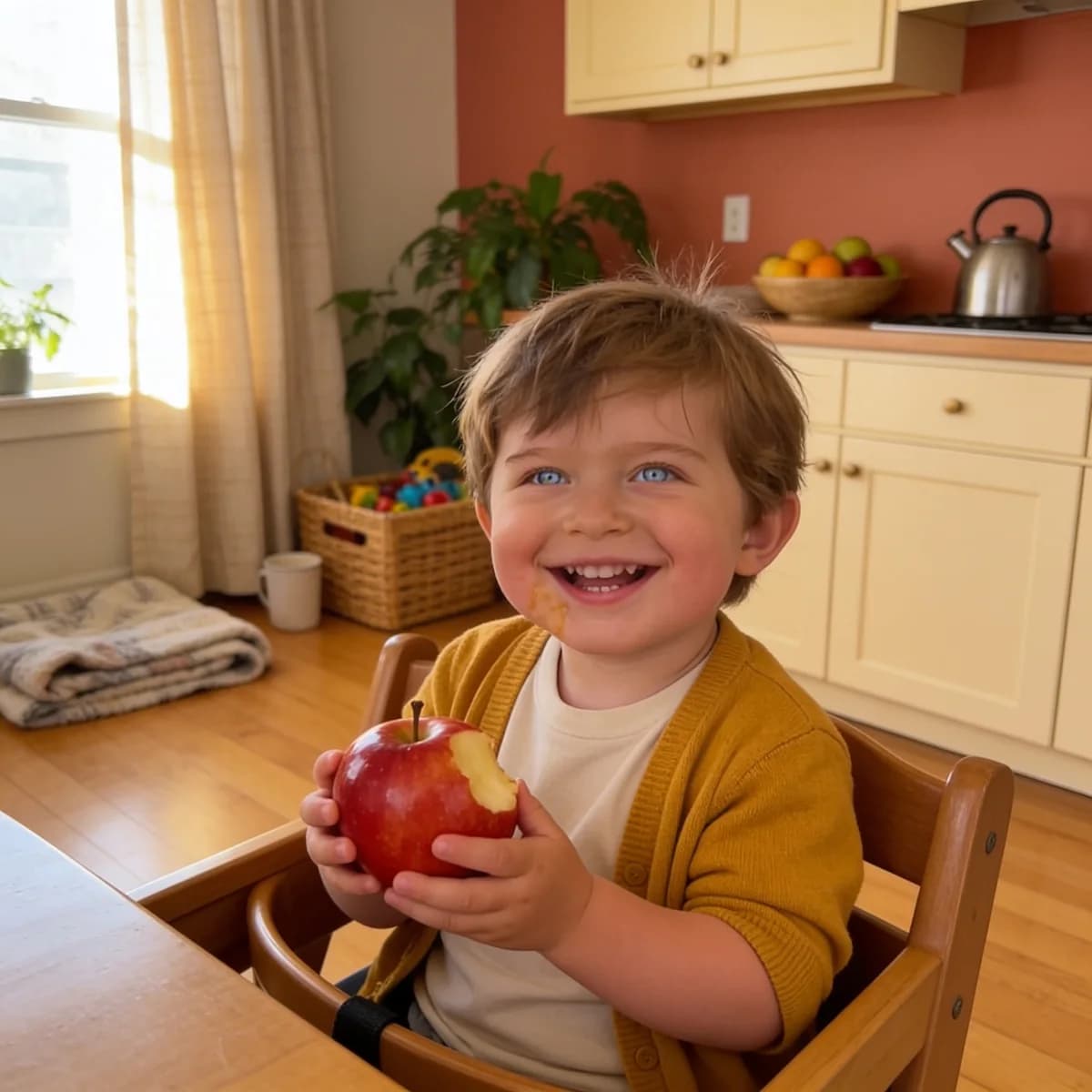 Noah in a high chair holding up a shiny red apple with one bite taken out