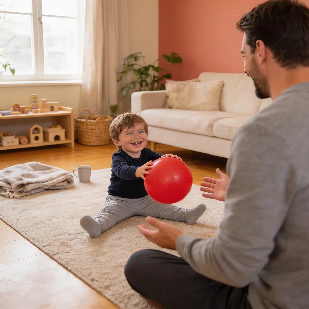 Noah on the living-room rug about to roll a big red ball to Dad