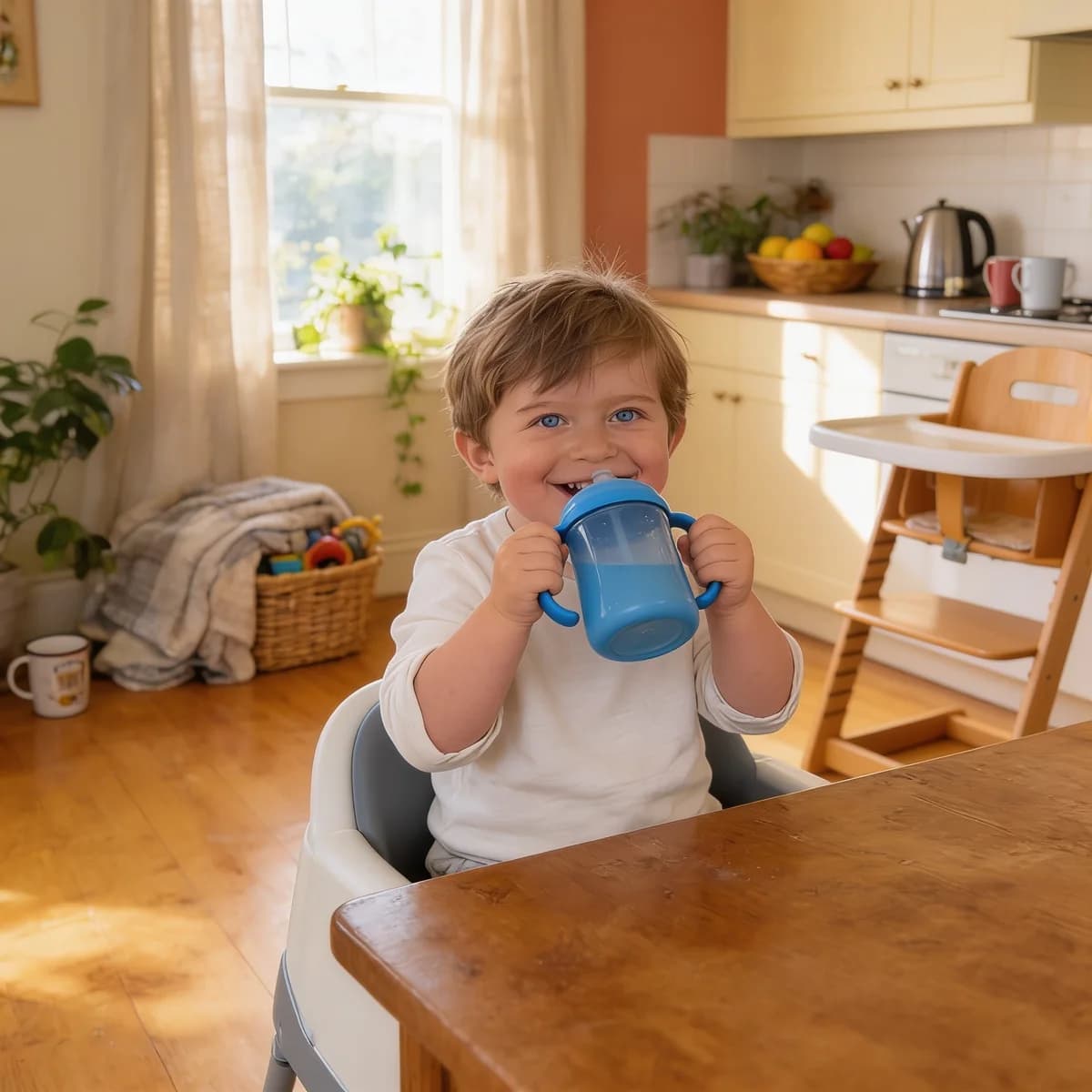 Noah sipping from a blue toddler cup at the kitchen table, eyes smiling over the rim