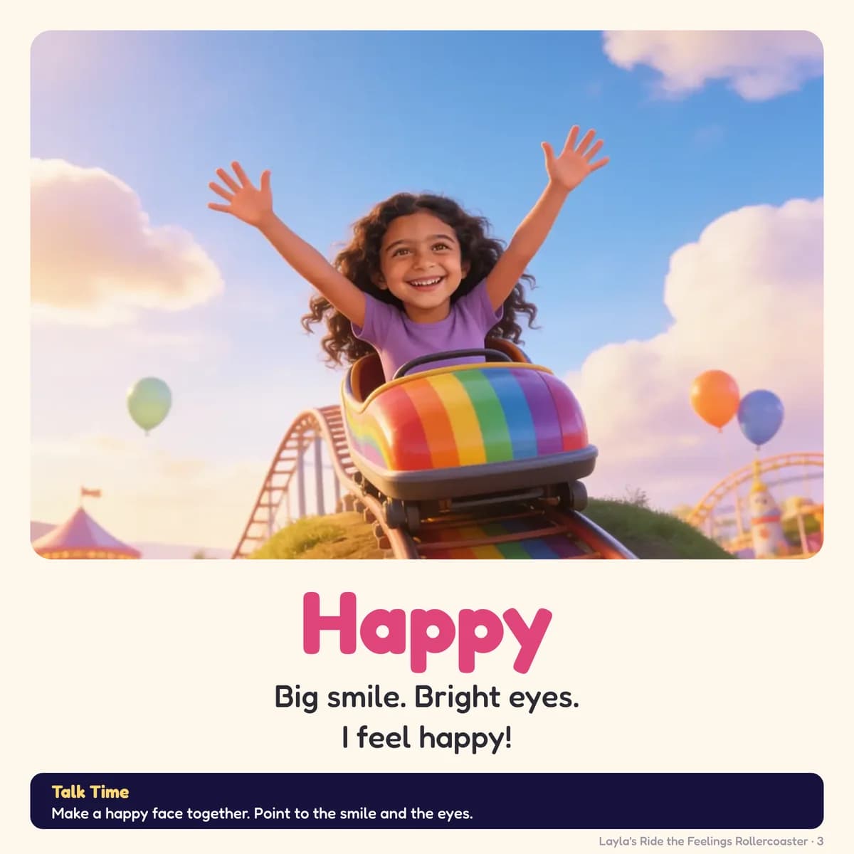 Page 3 of Ride the Feelings Rollercoaster: Happy Big smile. Bright eyes. I feel happy!