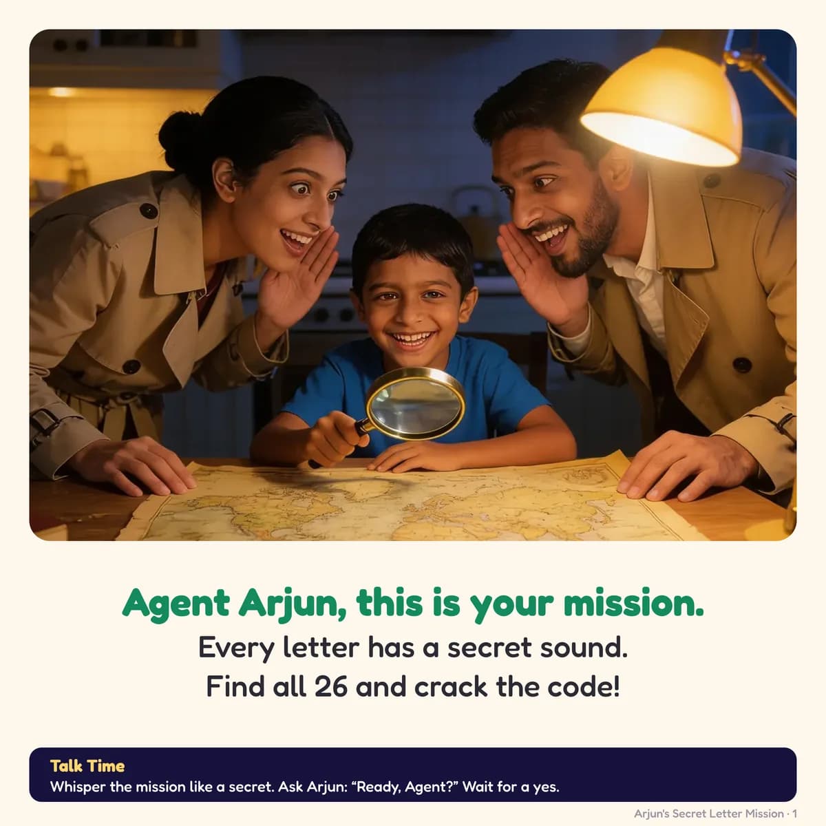 Page 1 of Secret Letter Mission: Agent Arjun, this is your mission. Every letter has a secret sound. Find all 26 and crack the code!