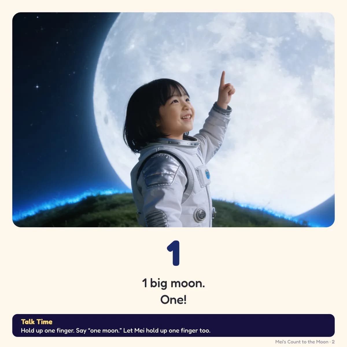 A page from My Counting Book: Mei in an astronaut suit on a grassy hill, holding up one finger toward a big glowing moon