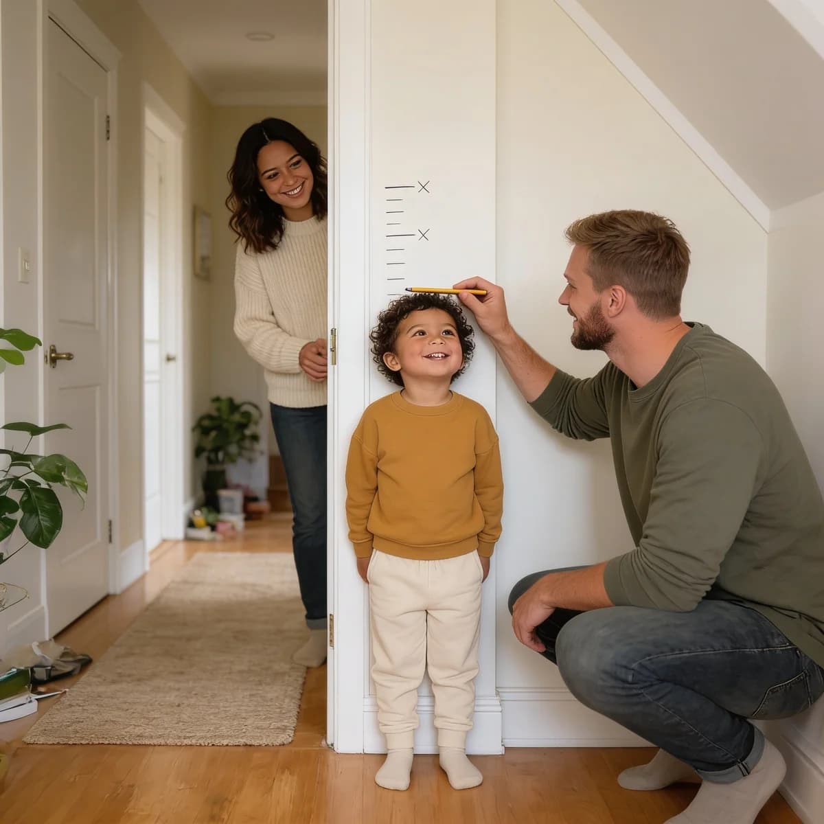 Owen standing tall against a door frame in the hallway while Dad marks the height with a pencil and Mom smiles behind
