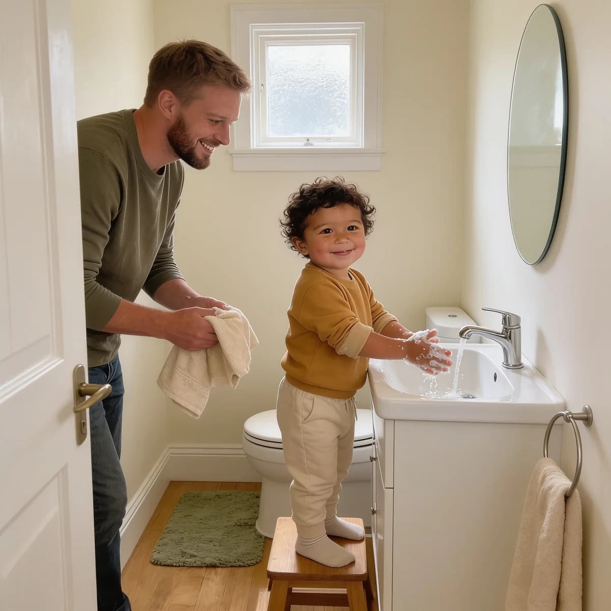 Owen on a step stool washing soapy hands at the bathroom sink, Dad holding out a towel