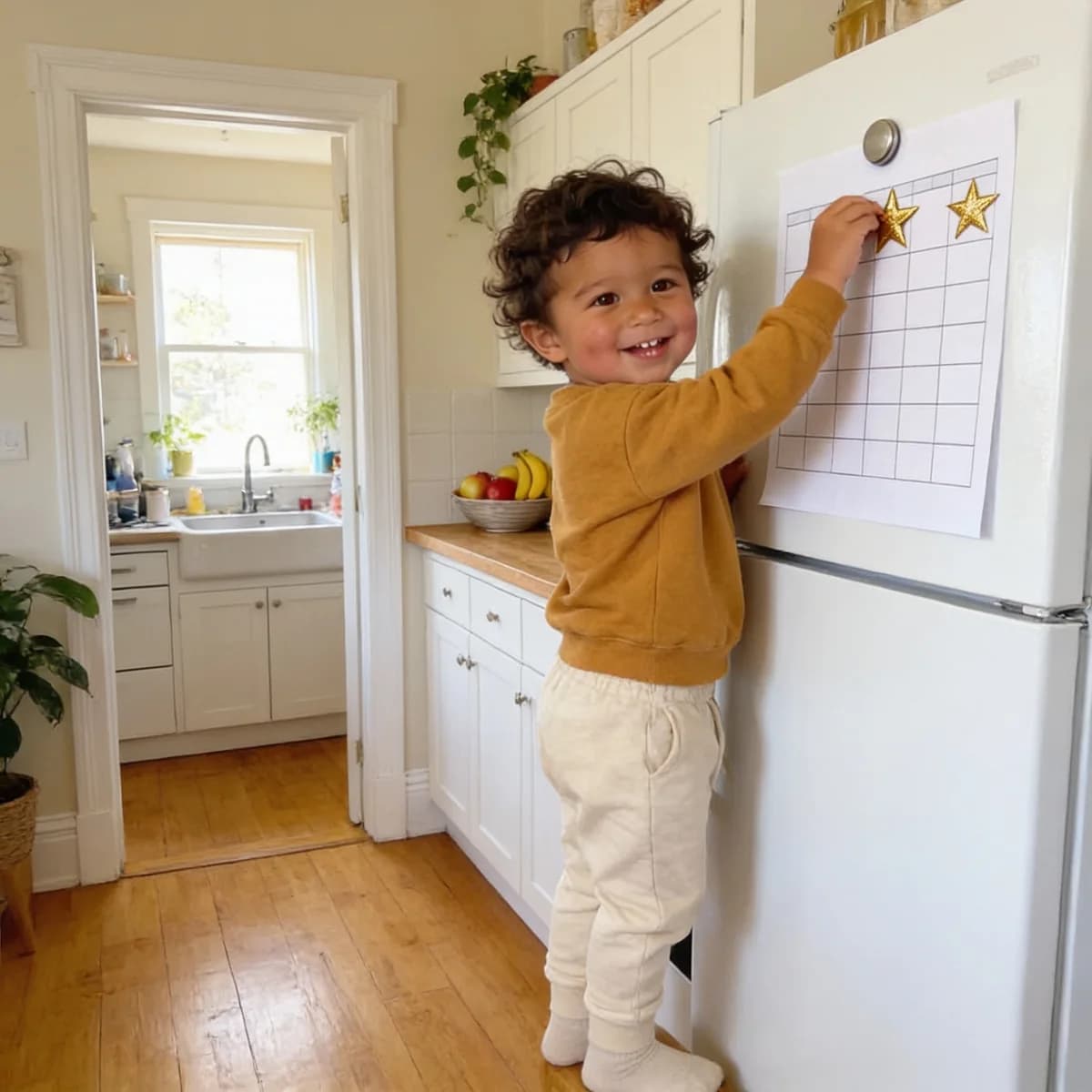 Owen pressing a gold star sticker onto a blank chart on the fridge