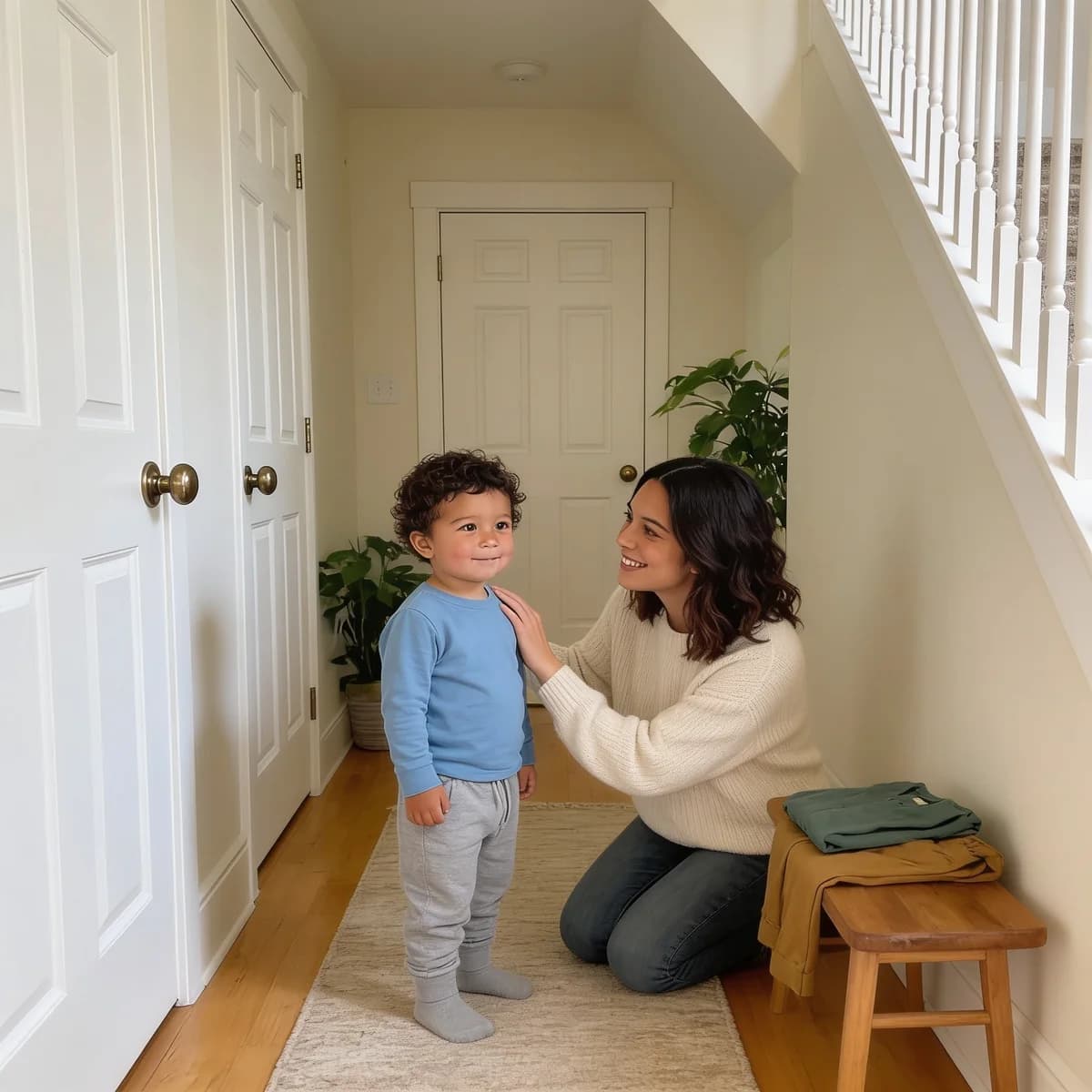 Owen in the hallway looking a little unsure while Mom kneels close with a gentle smile