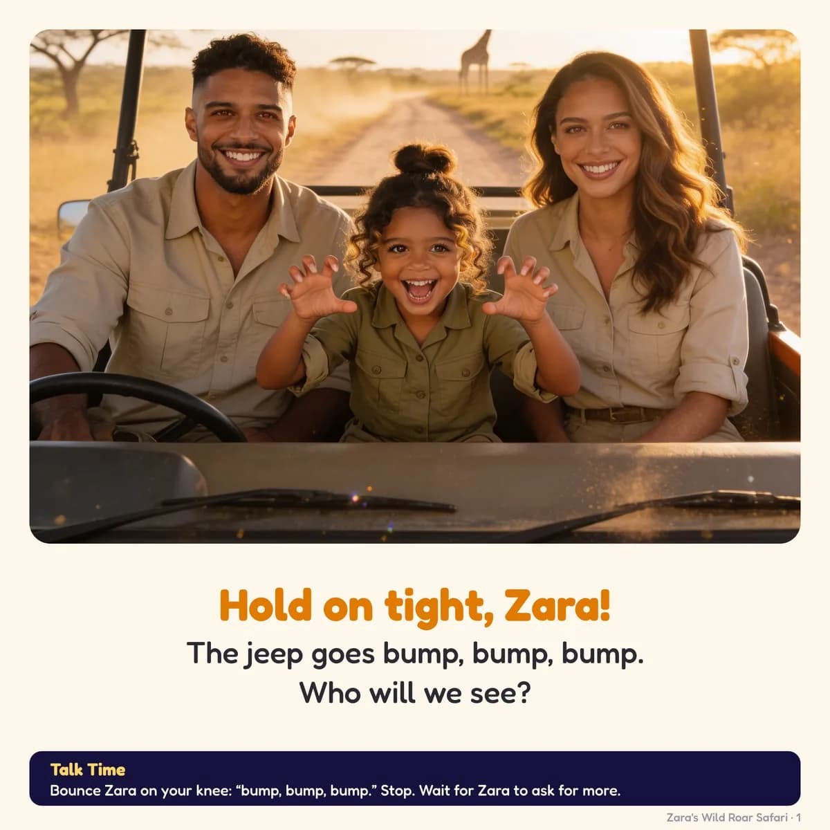 A page from My Animal Sounds Book: Zara making roaring claw hands in a safari jeep, between Dad and Mom