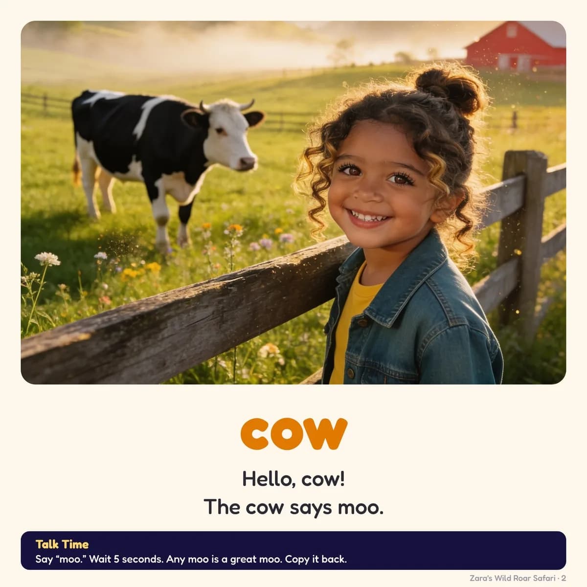 A flashcard page from My Animal Sounds Book: Zara smiling at a wooden farm fence, a black and white cow grazing in the field behind
