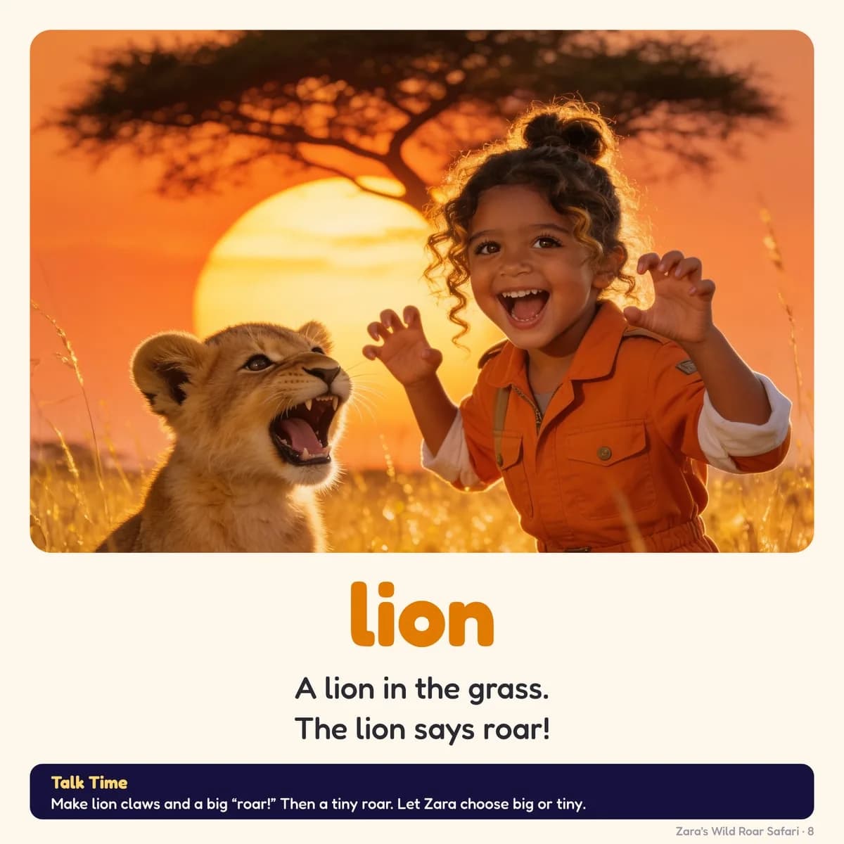 A flashcard page from My Animal Sounds Book: Zara making lion claws and a big roar next to a fluffy lion cub in golden grass at sunset
