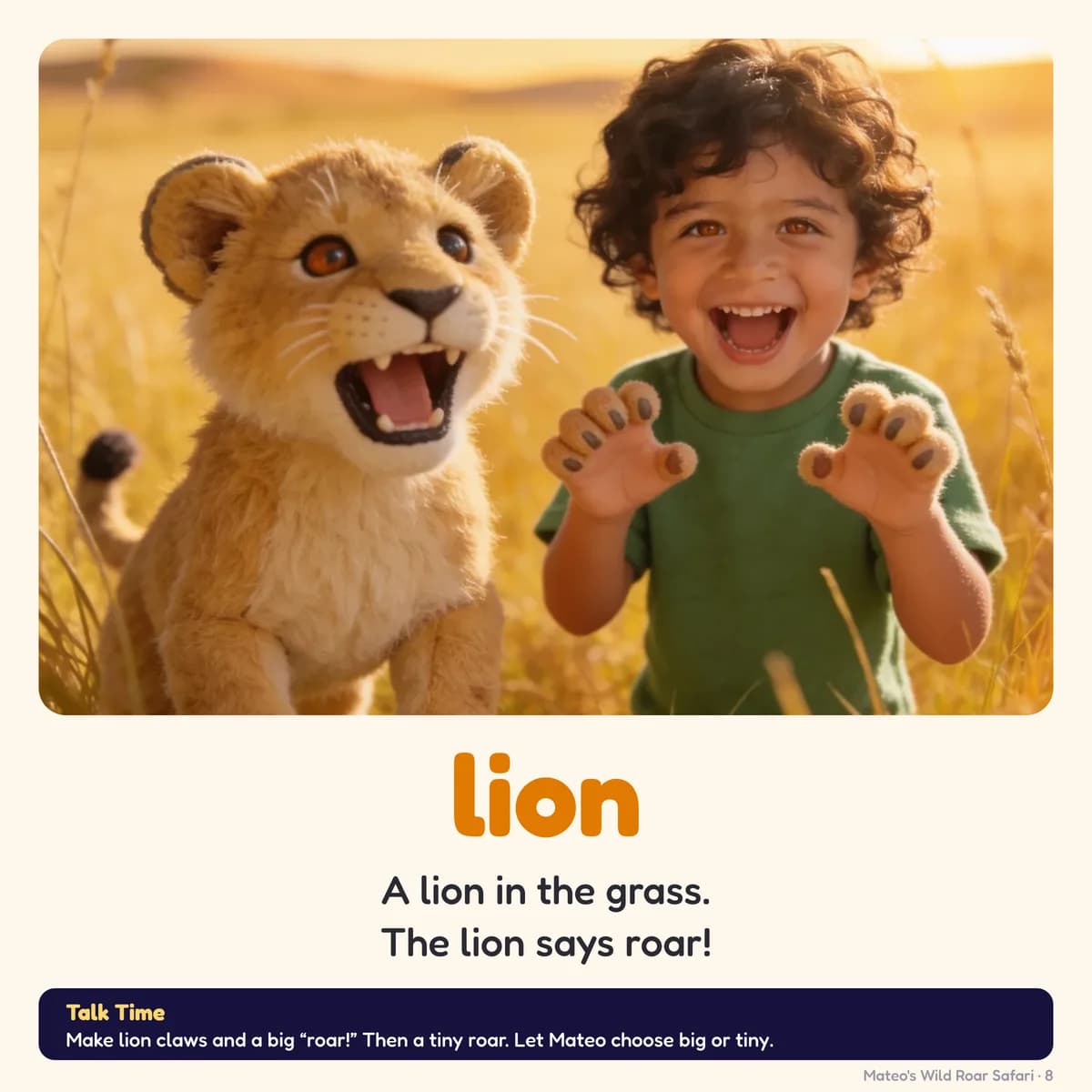 Page 8 of Wild Roar Safari: lion A lion in the grass. The lion says roar!