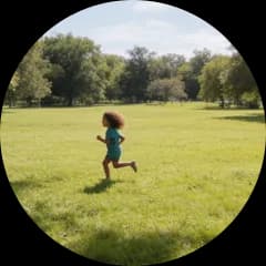 A child running far away in a park, seen from the side