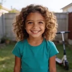 An everyday phone photo of a smiling child in the backyard, facing the camera