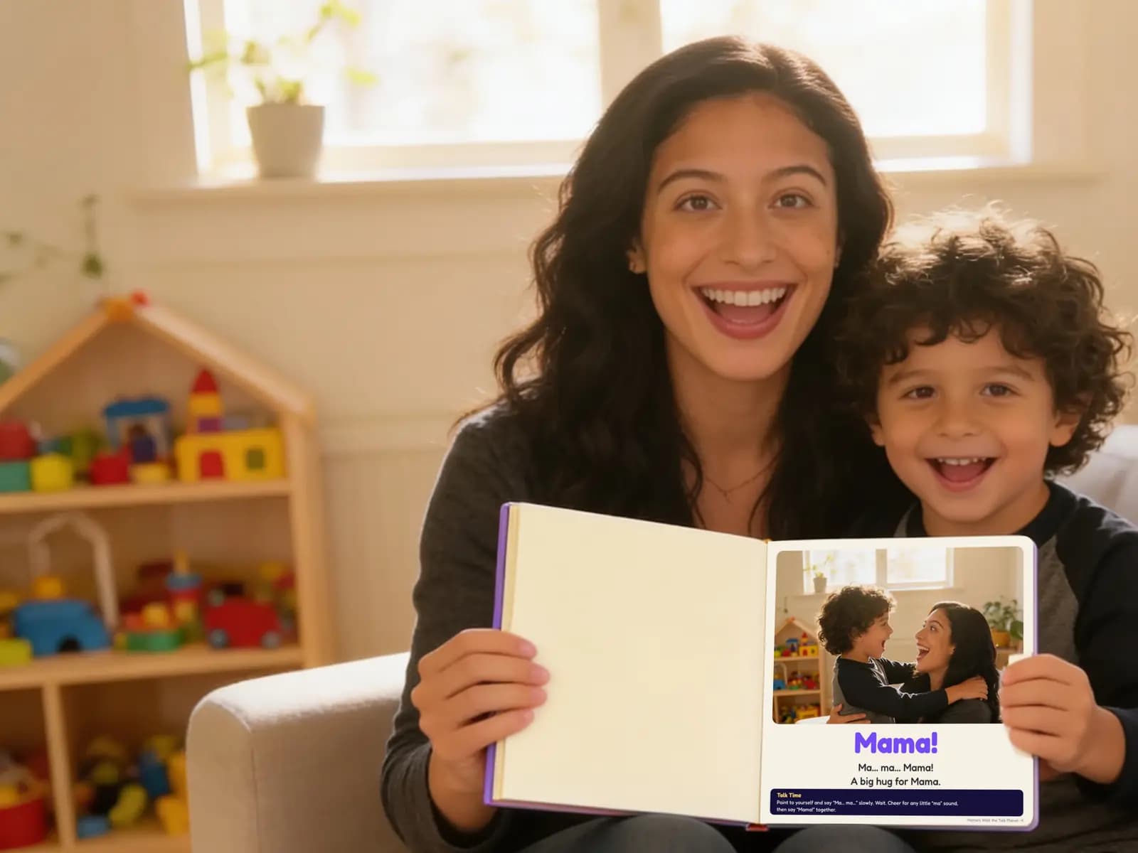 Illustration of a mother and her son on a sofa holding the small square Walk the Talk Planet hardcover open at the 'Mama!' page, each page about the size of her face.