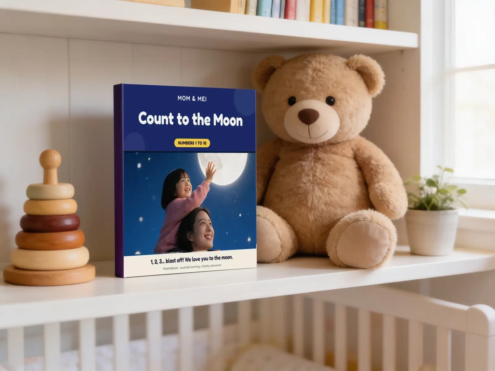 Illustration of the Count to the Moon hardcover standing on a nursery shelf between a wooden stacking ring toy and a larger teddy bear.