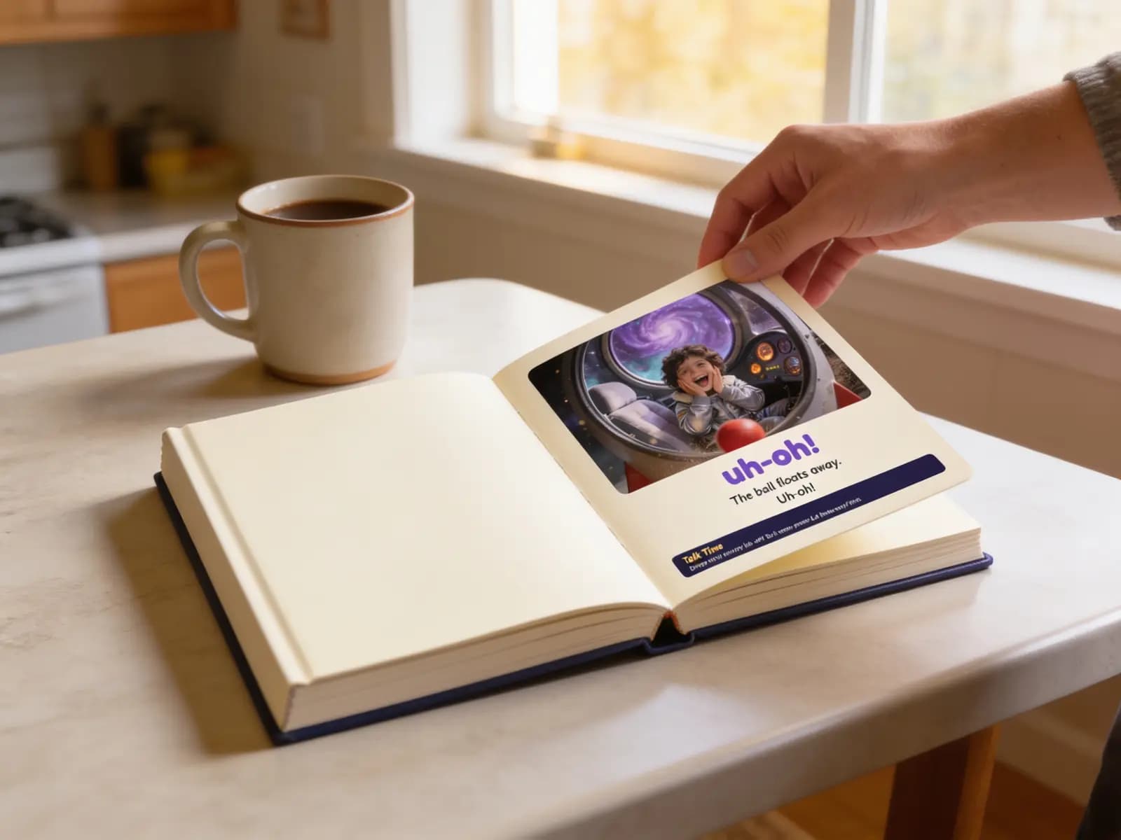 Illustration of a hand turning a page of the small square hardcover lying open on a kitchen table beside a coffee mug, showing the 'uh-oh!' page.
