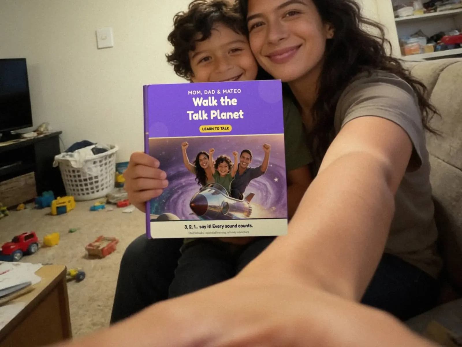 Illustration of a mother taking a selfie with her son on the sofa, holding up the small Walk the Talk Planet hardcover.
