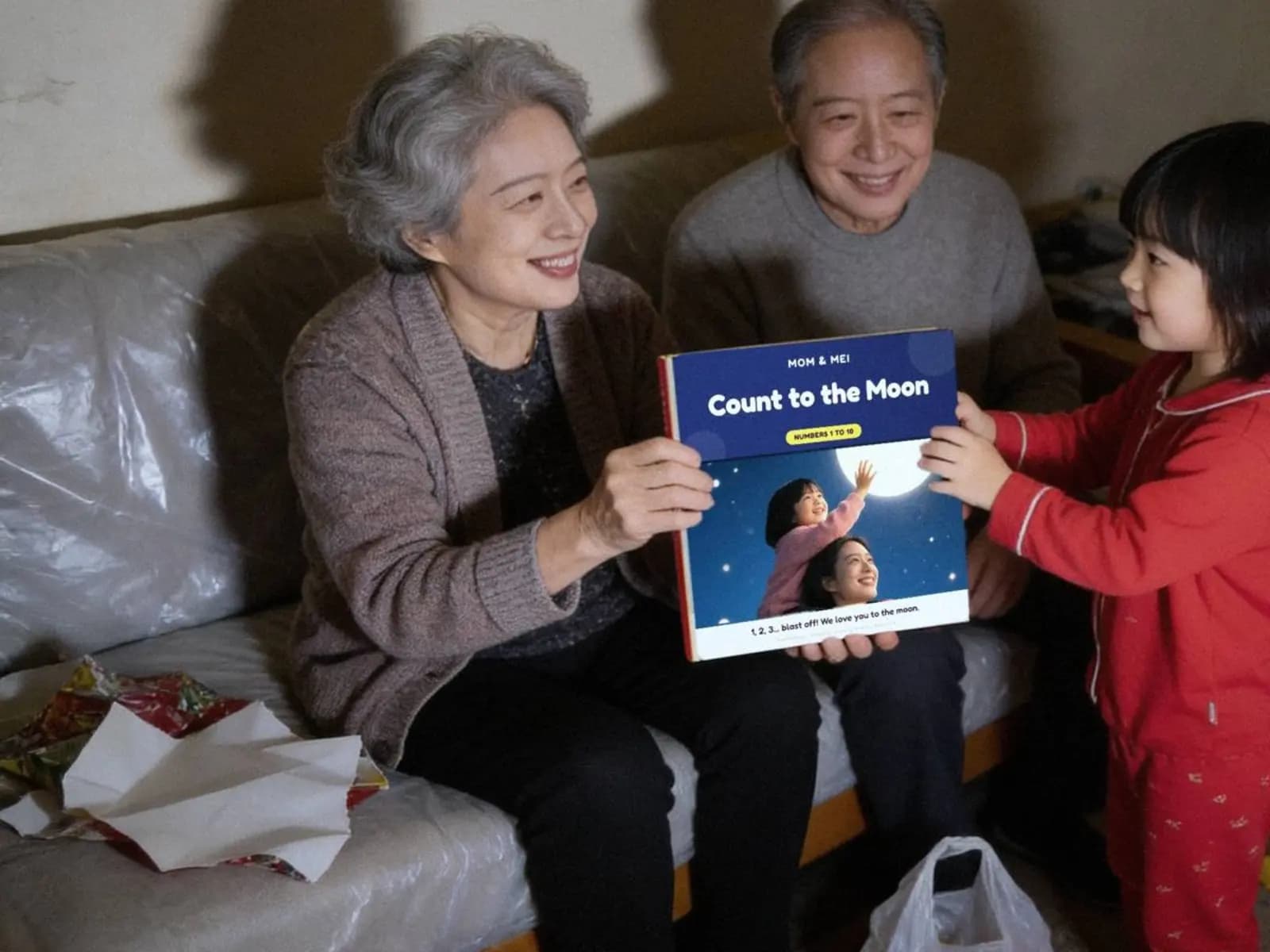 Illustration of grandparents on a sofa giving their granddaughter the Count to the Moon hardcover as a gift.