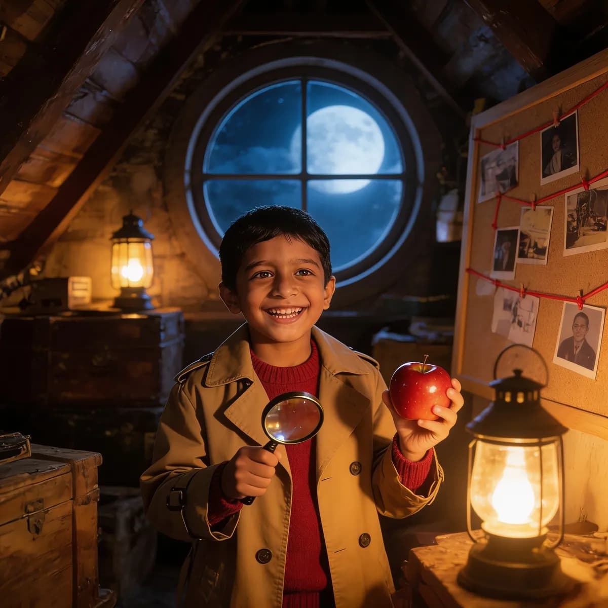 Arjun grinning through a magnifying glass, with a red apple in the other hand