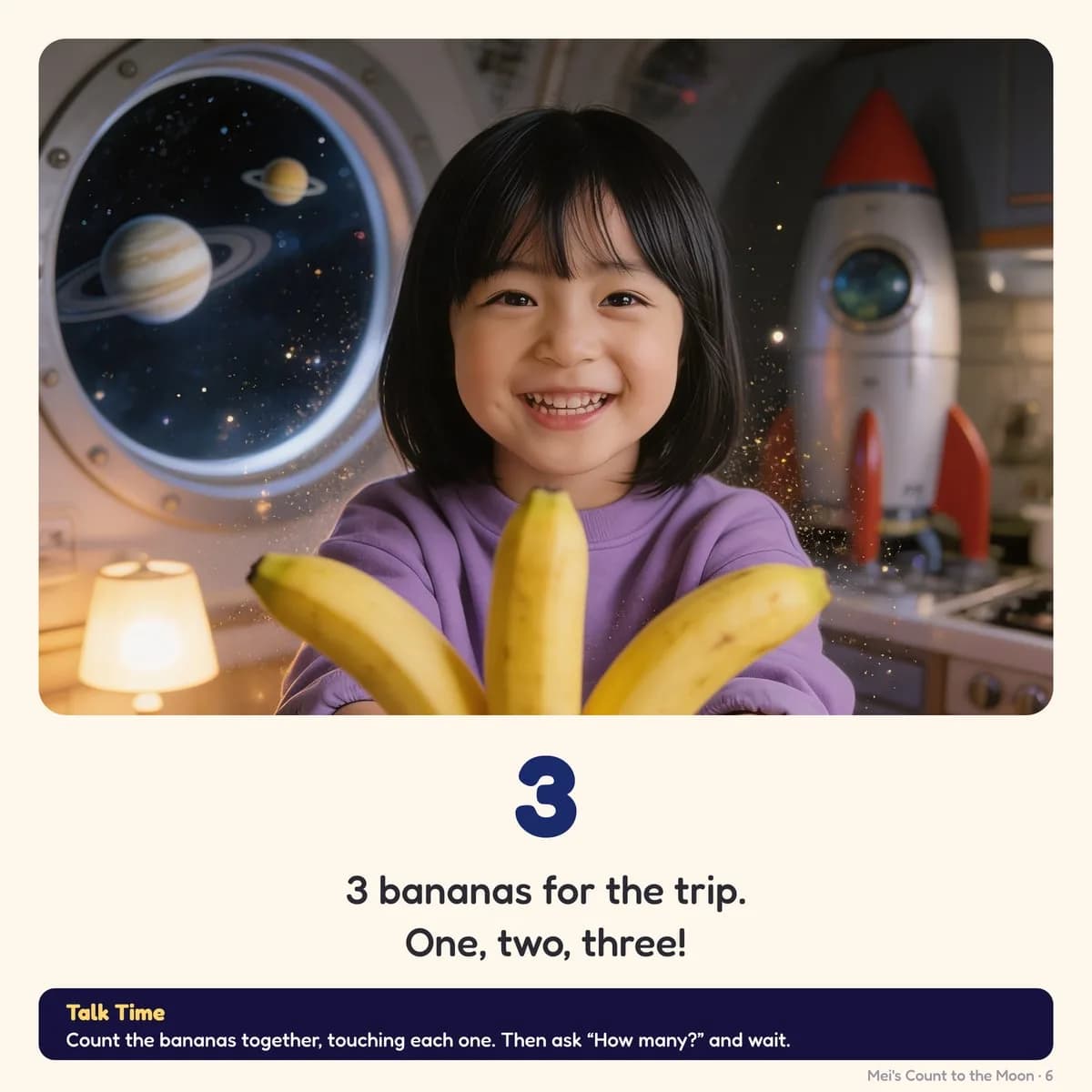 A flashcard page from My Counting Book: Mei holding out three yellow bananas, easy to count