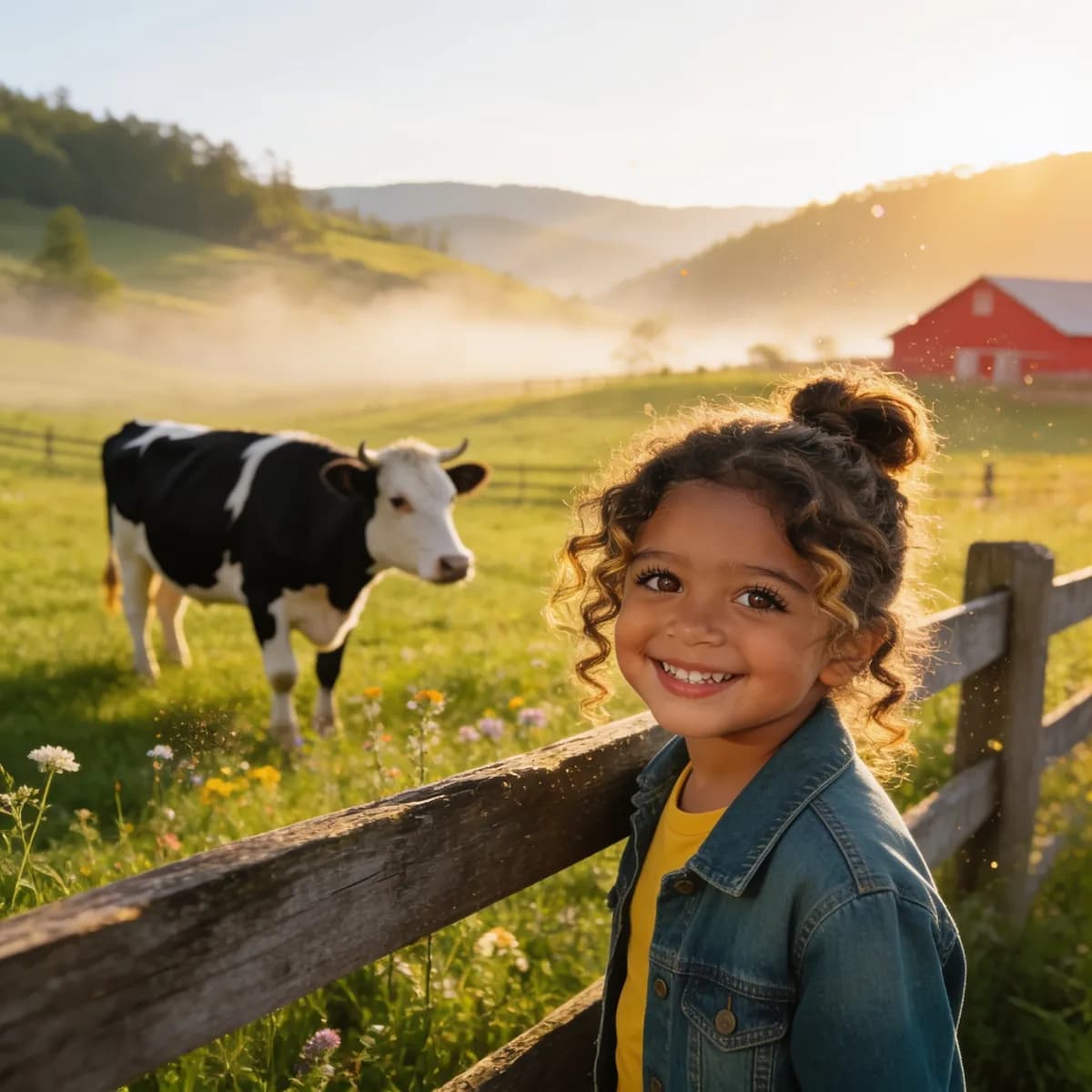 Zara smiling at a wooden farm fence, a black and white cow grazing in the field behind