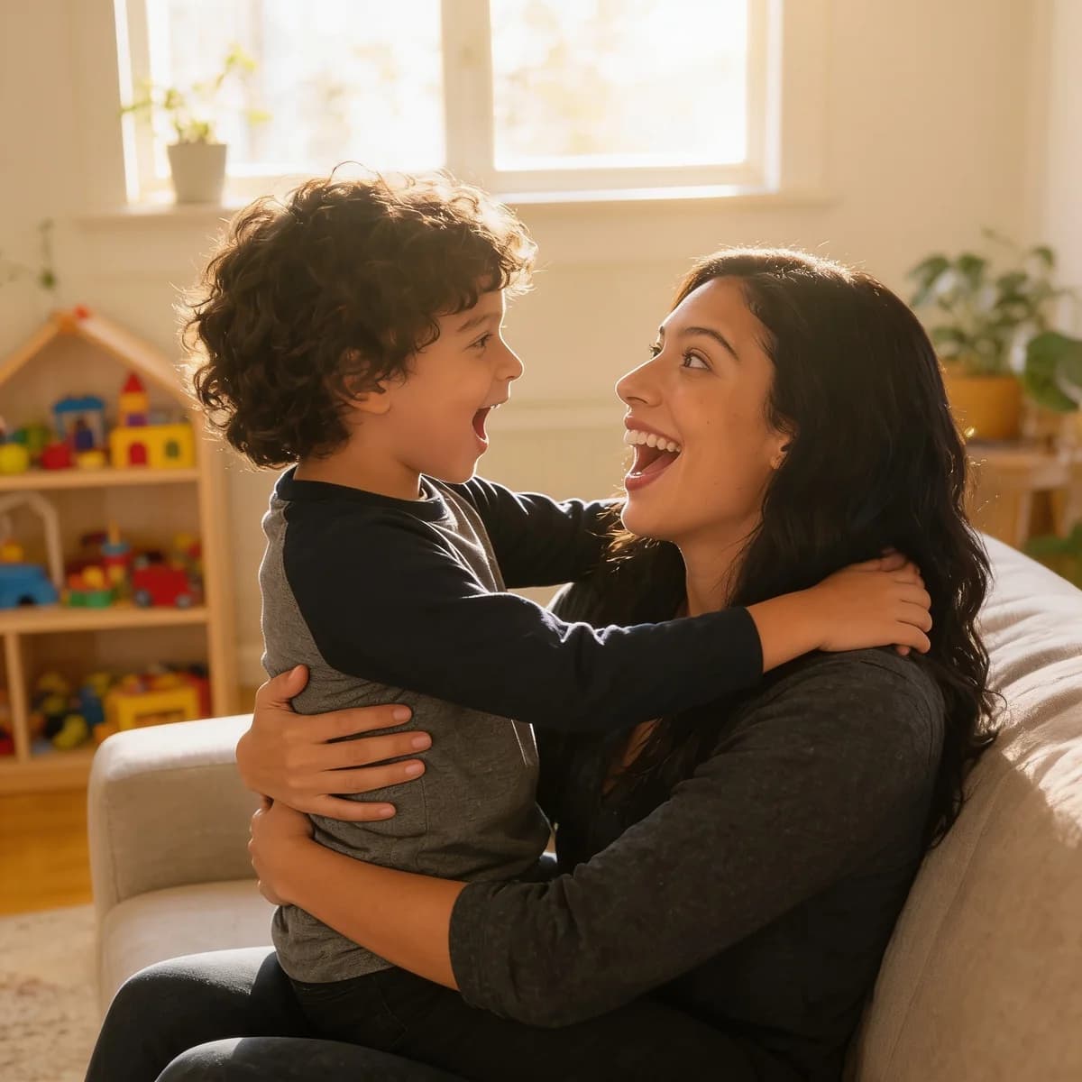 Mateo on Mom's lap on the sofa, calling out Mama while Mom looks back, delighted