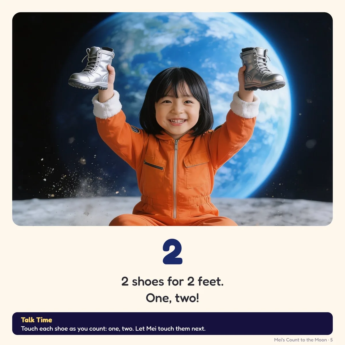 A page from Count to the Moon: Mei holds up two silver shoes on the moon, 2 shoes for 2 feet, one, two, with a Talk Time tip at the bottom