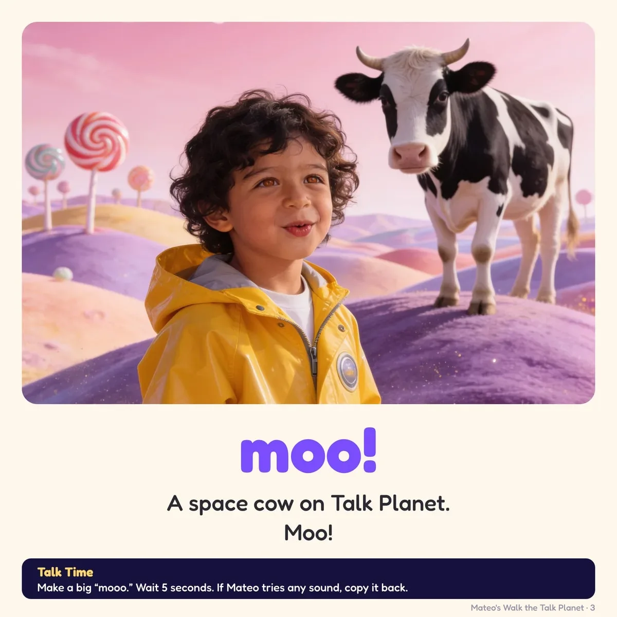 A page from Walk the Talk Planet: Mateo meets a space cow and the word is moo, with a Talk Time tip at the bottom